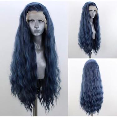 Imagem de WXHWCX Peruca feminina de cabelo ondulado longo azul escuro com renda frontal sintética solta e sem cola, sem cola, fibra resistente ao calor, peruca natural ondulada de água, cosplay, peruca de festa