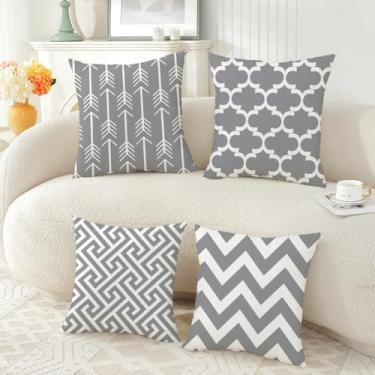 Imagem de ZHLF Pacote com 4, cinza escuro/cinza, padrões geométricos, à prova d'água, capas de almofada para ambientes internos e externos, capa de almofada decorativa de jardim para casa, jardim, pátio, sofá