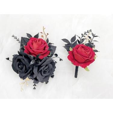 Imagem de DESUNESS Conjunto de flores de casamento com corpete rosa e flor na lapela para homens (preto e vermelho)