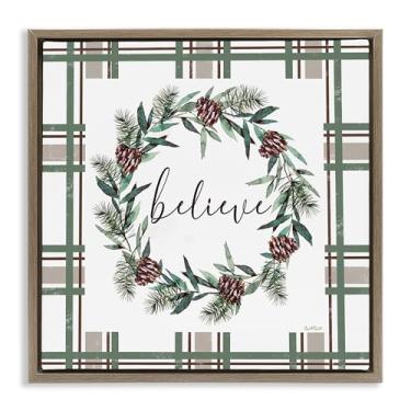 Imagem de Stupell Industries Believe Wreath on Green Plaid Brown Framed Floater Canvas Wall Art Design por Elizabeth Tyndall, 18 x 18