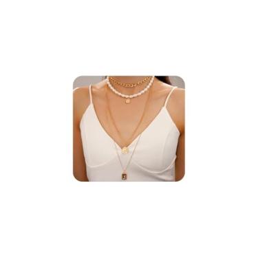 Imagem de Colares femininos empilhados de ouro com pingente de moeda na moda, vintage, boêmio, conjunto de colares em camadas, berloque, gargantilha de pérola, acessórios de joias para o dia a dia, Large, Metal