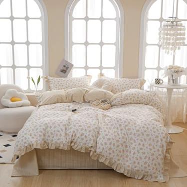 Imagem de HighBuy Conjunto de edredom Queen de renda com babados, coquete, cottagecore, floral, 2 fronhas de renda, aconchegante, chique, amarelo, rosa, para mulheres e meninas