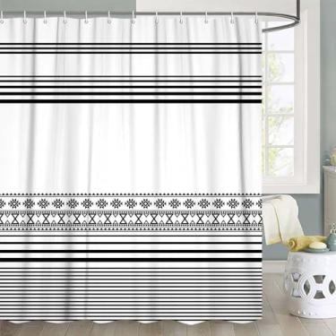 Imagem de Dongbei Cortina de chuveiro para banheiro, fazenda, preto e branco, design listrado moderno boho para hotel, tecido de poliéster à prova d'água com 12 ganchos 182 x 1,82 m
