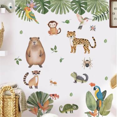 Imagem de WALLMEII Adesivos de parede decoração de animais de safári plantas de folhas grandes macaco lagarto leopardo animais da selva adesivos de parede descascar e colar bebês crianças meninos quarto sala de