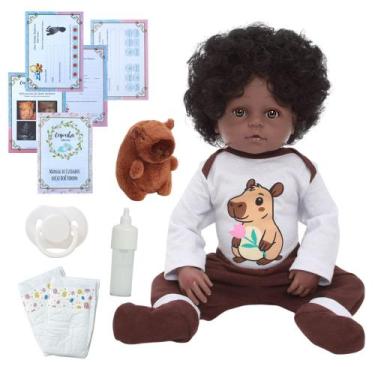 Imagem de Boneca Reborn Negra Realista Roupa Capivara e Pelúcia - Cegonha Reborn