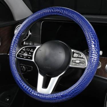 Imagem de Capa de volante de carro de couro brilhante com textura de crocodilo de luxo, nova capa universal de volante de veículo de 38 cm para carros, caminhões, SUVs, acessórios interiores de picapes (azul)