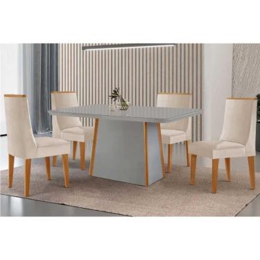 Imagem de Conjunto Sala de Jantar Tilia c/ Tampo Madeirado c/ Vidro Canto Curvo 120x80cm e 4 Cadeiras Dakota Madeira Maciça Naturale/Off White - Capuccino/Suede