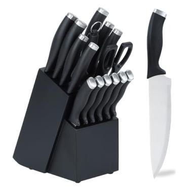 Imagem de Conjunto de facas de cozinha, conjunto de facas de chef com bloco e afiador, facas ultra afiadas de aço inoxidável de alto carbono para cozinha inclui 6 facas de bife, cabo antiderrapante, preto