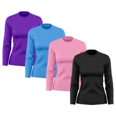 Imagem de Kit 4 Camisetas Feminina Manga Longa Dry Fit Básica Lisa Proteção Sola