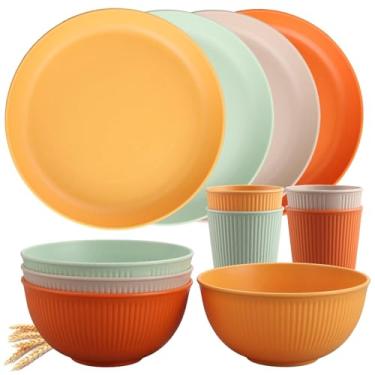 Imagem de Tanice Conjunto de louça, 12 peças de pratos e tigelas de plástico, conjunto de louça infantil para 4, conjunto de pratos de plástico com pltaes, tigelas, copos para cozinha, acampamento ao ar livre