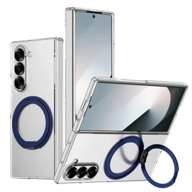 Imagem de Capa para Galaxy Z Fold 6 com suporte magnético giratório 360°, transparente, rígida e à prova de choque, capa para carregamento sem fio (para Galaxy Z Fold 6/suporte azul)