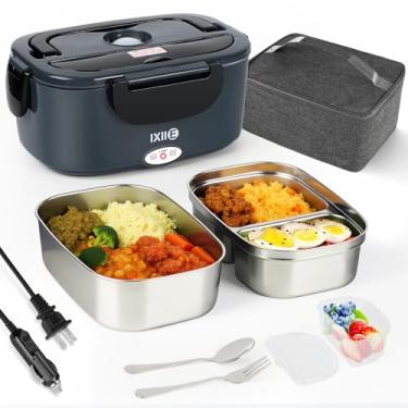 Imagem de IXIIE Lancheira elétrica 80 W aquecedor de alimentos para trabalho, 12 V/24 V/110 V aquecedor de almoço portátil para adultos com 2 recipientes de aço inoxidável, lancheira aquecida para carro