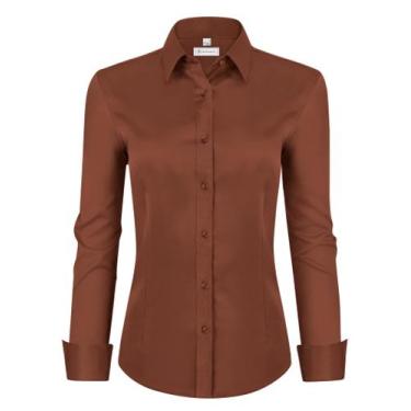 Imagem de Camisas femininas de botão em siliteelon de manga comprida Caramel XS