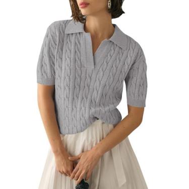 Imagem de Suéter feminino Micoson, manga curta, decote em V, tricotado, cinza