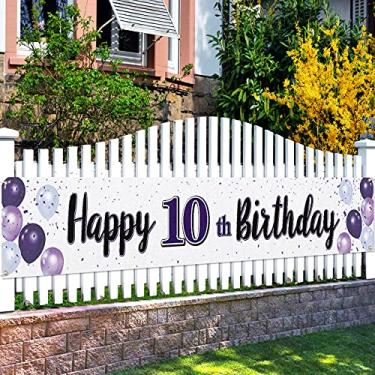 Imagem de LASKYER Banner roxo para quintal Happy 10th Birthday - Cheers to Ten Years Old Birthday Home Outdoor Yard Sign Backdrop,decorações de festa de 10º aniversário.(3 m x 0,5 m)
