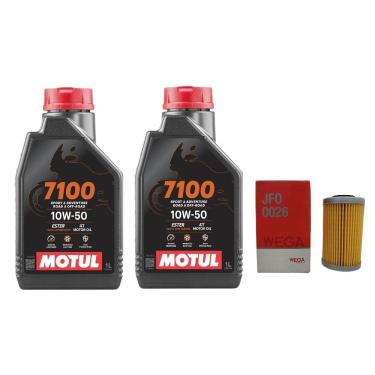 Imagem de kit Troca óleo 2l MOTUL 7100 10W50 4T + 1 filtro óleo JFO0026 WEGA Dominar 400 200