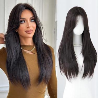 Imagem de 7JHH WIGS Perucas de franja de cortina reta longa preta natural de 71 cm, chá preto natural, fibra sintética resistente ao calor, em camadas, parte média, perucas femininas para festas de Natal, uso