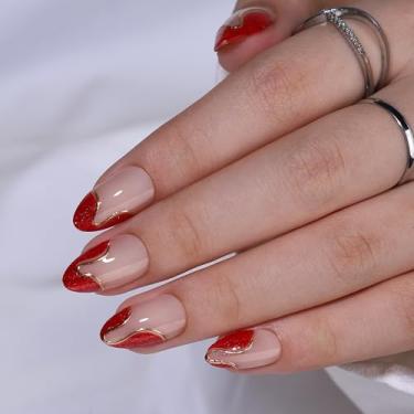Imagem de Unhas de amêndoa – RTKHFZE French Tip Press On Nails Curto, Design Curto, Ponta de Unha com Folha Dourada, Cola em Unhas para Mulheres, Ajuste Natural Reutilizável em 16 Tamanhos – Kit de 32 Unhas