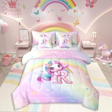 Imagem de Conjunto de cama solteiro de unicórnio arco-íris, cama infantil de unicórnio roxo em uma bolsa para meninas, monograma R, para decoração de quarto de adolescentes, crianças, adultos, todas as estações