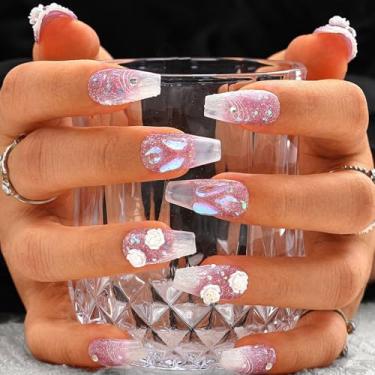 Imagem de Sethexy Pontas de unhas postiças feitas à mão com strass azul, unhas postiças com glitter, unhas postiças com design Arcylic com cola para mulheres e meninas, 10 peças (52, G)