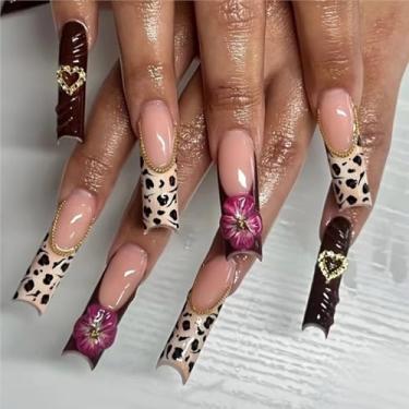 Imagem de Unhas postiças longas quadradas, unhas falsas francesas, unhas artificiais marrons com desenhos de flores vermelhas, prensas de unhas de acrílico, leopardo, 24 peças