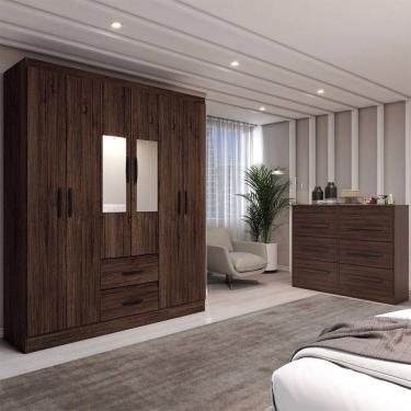 Imagem de Guarda-Roupa Solteiro Europa 6 Portas 2 Gavetas com Cômoda 6 Gavetas com Espelho Castanho - Panorama Móveis