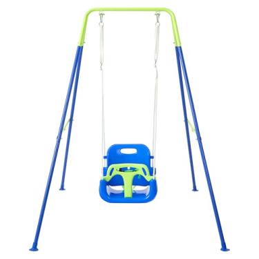 Imagem de FUNLIO Toddler Swing with Foldable Metal Stand for Toddlers Aged 1~10 Years, 3-in-1 Baby Swing Set with 4 Sandbags for Backyard/Indoor/Outdoor Play, Easy to Assemble & Store - Bluegreen