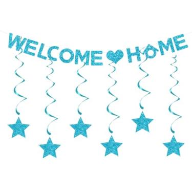 Imagem de MDLLDM Faixa azul Welcome Home redemoinhos de estrelas para bebês, família, decorações de festa de boas-vindas militares, faixa de cartolina com glitter ouro rosa, 3 m
