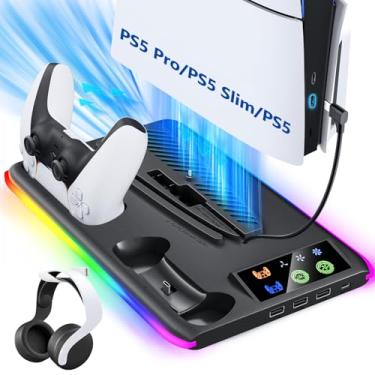 Imagem de BRHE PS5/Slim/Pro Cooling & Charging Station with Cooling Fan,PS5/Slim/Pro Stand for Disc & Digital Console,PS5 Controller Charger,PS5 Accessories with 3 Charging Ports,Headset Holder