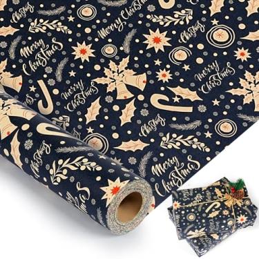 Imagem de Rolo de papel de embrulho de Natal, papel de embrulho kraft com folhas de sinos vermelhos da Marinha, 43 cm x 80 metros, papel de embrulho de presente com design de elementos de Natal para Natal, Ano