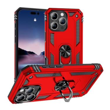 Imagem de SORAKA Capa para iPhone 16 Pro com suporte de anel, capa protetora para iPhone 16 Pro, capa traseira de policarbonato rígido com placa de metal para suporte magnético de telefone e carro, vermelho