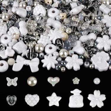 Imagem de 150 peças de contas pastel acrílicas para fazer joias, laço colorido Kalolary borboleta flor kawaii plástico doce coração fofo macaroon contas estéticas para pulseira, colar, suprimentos DIY (branco)