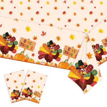 Imagem de Conjunto de 2 peças de toalha de mesa de peru de ação de graças, capa de mesa retangular de plástico descartável para decoração de jantar, tema festivo de outono, 137 x 274 cm
