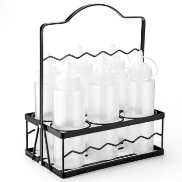 Imagem de Kathfly Conjunto de 6 frascos de espremer condimentos para molhos de 473 g, organizador de bancada para cozinha, bar, churrasco, piquenique - suporte de aço com alça portátil, garrafas PE de grau