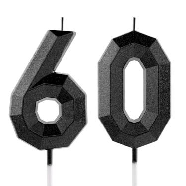 Imagem de Vela de aniversário de 60 anos, preta, número 60, velas, design 3D, enfeite de bolo, decoração de feliz aniversário, para mulheres, homens, casamento, aniversário, celebrações, artigos de festa