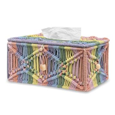 Imagem de KaloKalo Capa de caixa de lenços feita à mão decorativa macramê boho retangular suporte de lenço de algodão guardanapo tecido organizador de papel facial boêmio recipiente de armazenamento de mesa com