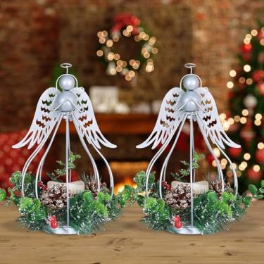 Imagem de DECORKEY Decorações de Natal para casa, 2 peças de castiçais Andrew com pinha, guirlanda de frutas vermelhas, lanternas decorativas para decoração de mesa de centro de mesa de varanda ao ar livre