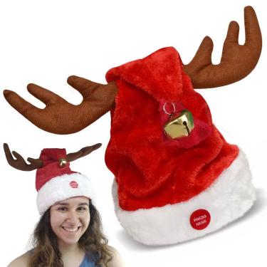 Imagem de Gorro Natal Musical Orelhas Rena Se Movimenta Dançante Natalino Luxo Bone Chapeu Premium Fantasia