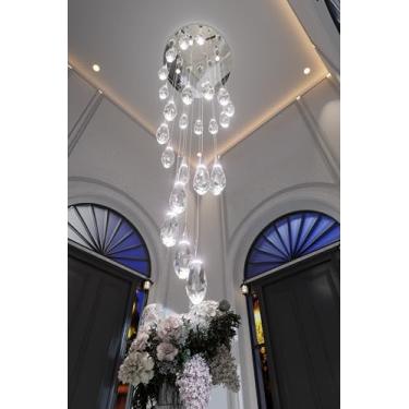 Imagem de ABTTOI Lustre moderno grande de 26 luzes para teto alto pingente de cristal prateado lustre extragrande para hall de entrada de escada, sala de estar