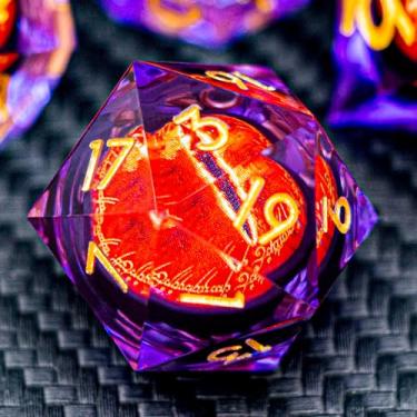 Imagem de ARUOHHA DND Resin Dice Gazes Eye Dice Purple Gold Liquid Core Flaming RPG Sharp Edged Dice Set with Gift Box, Polyhedral D and D Dice Set Compatible with Dungeons Dragons Role Playing Game D20 D6