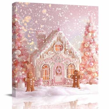 Imagem de Arte de parede em tela de casa de gengibre de Natal rosa para sala de estar inverno floco de neve decoração de parede impressa arte de parede emoldurada para quarto, banheiro, escritório, decoração de