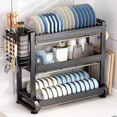 Imagem de AKALNNB Escorredor de pratos para balcão de cozinha, escorredor de pratos de grande capacidade escorredor de pratos com economia de espaço, organizador de balcão de cozinha (preto 43 x 27 x 33,5 cm