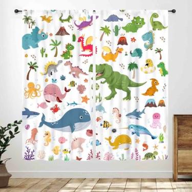 Imagem de Cortina infantil de dinossauro, desenho animado engraçado, fofo, tubarão, peixe, golfinho, corais, janela subaquática, tratamentos para bebês, meninos, quarto, sala de estar, berçário, 106 x 113 cm