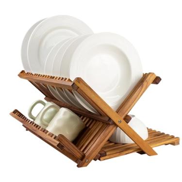 Imagem de Utoplike Escorredor de louça grande de teca, ralo de prato dobrável de 3 camadas de madeira para bancada, organizador de cozinha para pratos de massa, copos