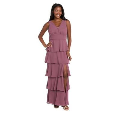 Imagem de R&M Richards Elegante vestido maxi georgette em camadas com decote em V profundo, detalhe de malha e fenda lateral, Rosa escuro, 42