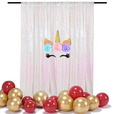 Imagem de TCBESTO Cortina de pano de fundo de lantejoulas iridescente branca 2,2 m x 2,2 m, 1 painel, cortinas de fundo de fotografia brilhante para decoração de festa de aniversário de casamento