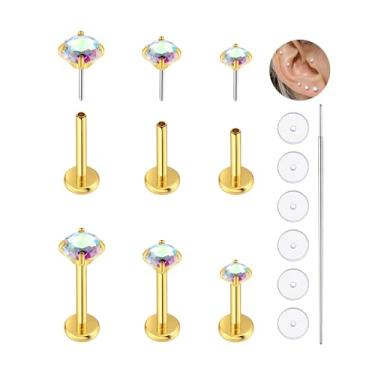 Imagem de KaseStyle Brincos de 20 g com costas planas 18 G, revestimento de ouro 24 K, 3 pares de brincos de cartilagem de titânio sem rosca 16G para mulheres, homens, tragus, concha, hélice, medusa, piercing