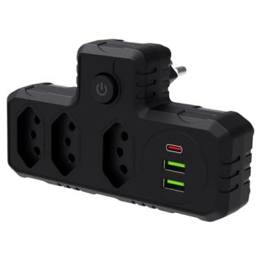 Imagem de Extensão Elétrica com 3 Tomadas, 2 Portas USB e 1 USB Tipo-C – Régua de Energia Compacta e Adaptador de Tomada para Casa, Escritório e Viagem (Preto)