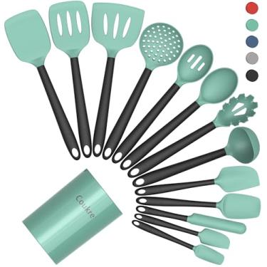 Imagem de Coukre Conjunto de utensílios de cozinha de silicone de 14 peças com suporte – resistente ao calor, utensílios de cozinha de grau alimentício, espátula, colher e utensílios para panelas antiaderentes
