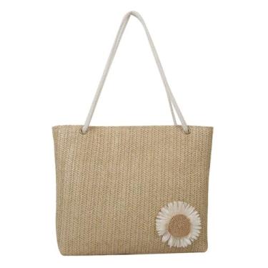 Imagem de Bolsa de praia de verão grande capacidade, feita à mão, casual, com girassol, palha (branca)